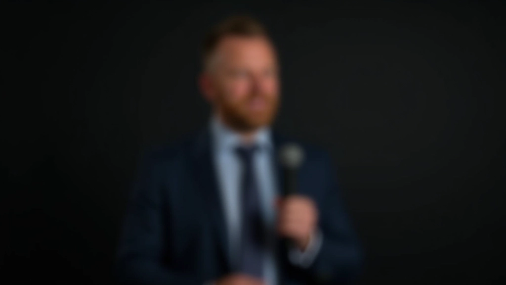 Man spreekt in microfoon met hand uitgestrekt, concentratie op gezicht, studioverlichting