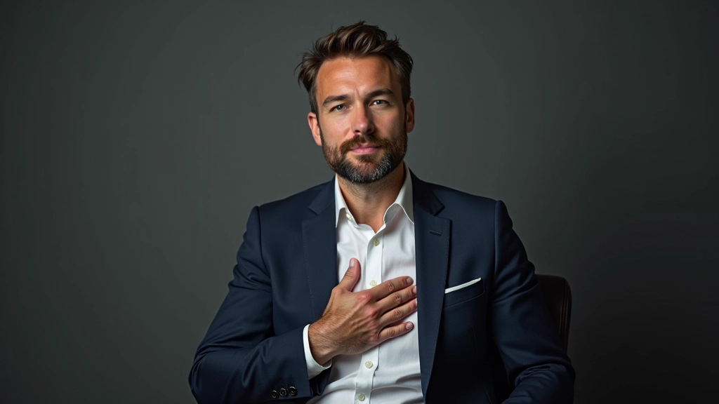 Man zit op stoel, rustig en geconcentreerd, hand op borst, kalme uitdrukking