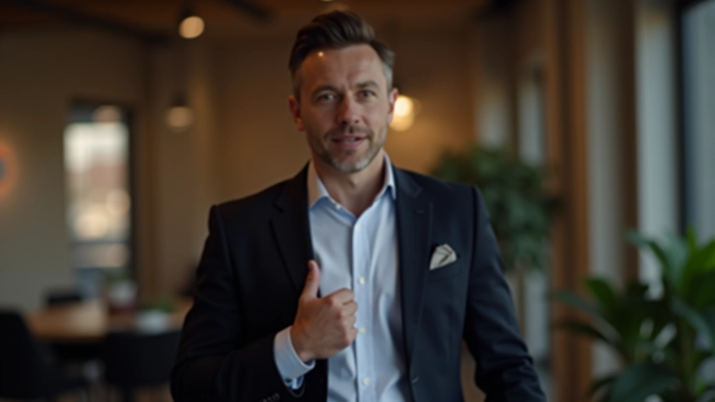 Man staat voor publiek met ontspannen houding, één hand losjes aan zijde, oogcontact, modern kantoor achtergrond