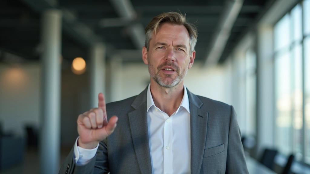 Man in professioneel pak spreekt duidelijk, hand gebaar, moderne kantoor achtergrond