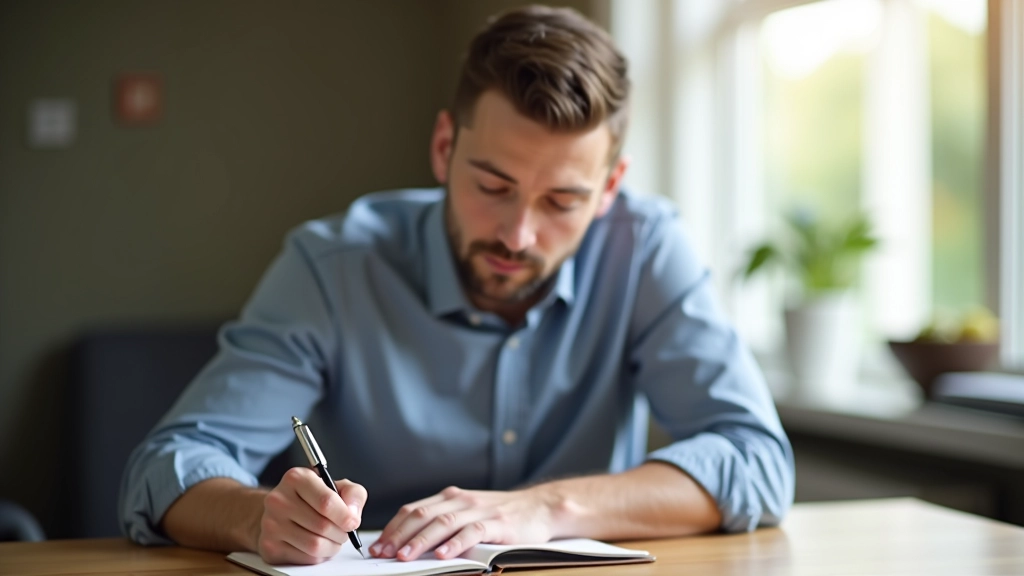 Persoon aan bureau met notitieboekje en pen, voorbereiding voor presentatie, helder licht