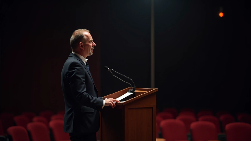 Persoon spreekt in microfoon op podium, spotlight effect, auditoriumbankjes op achtergrond