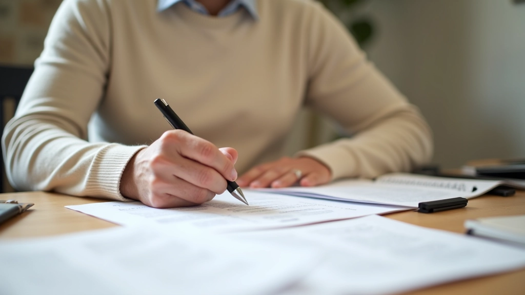 Persoon aan bureau met uitgebreide notitiepapieren en pen, structuur op papier uitgewerkt, focus op schrijven