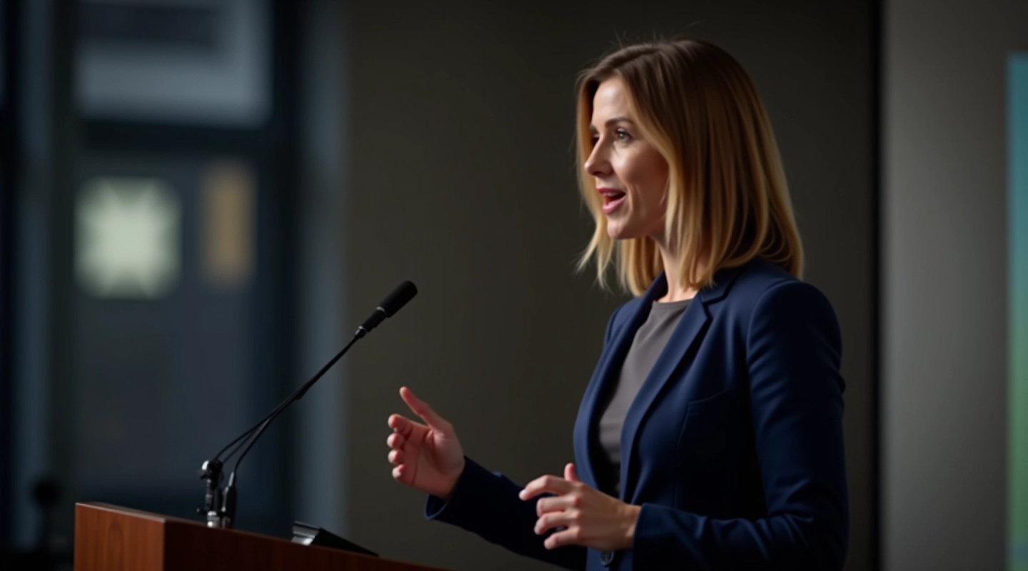 Vrouw staat voor een publiek en spreekt met zelfvertrouwen, heldere studio omgeving, professionele sfeer