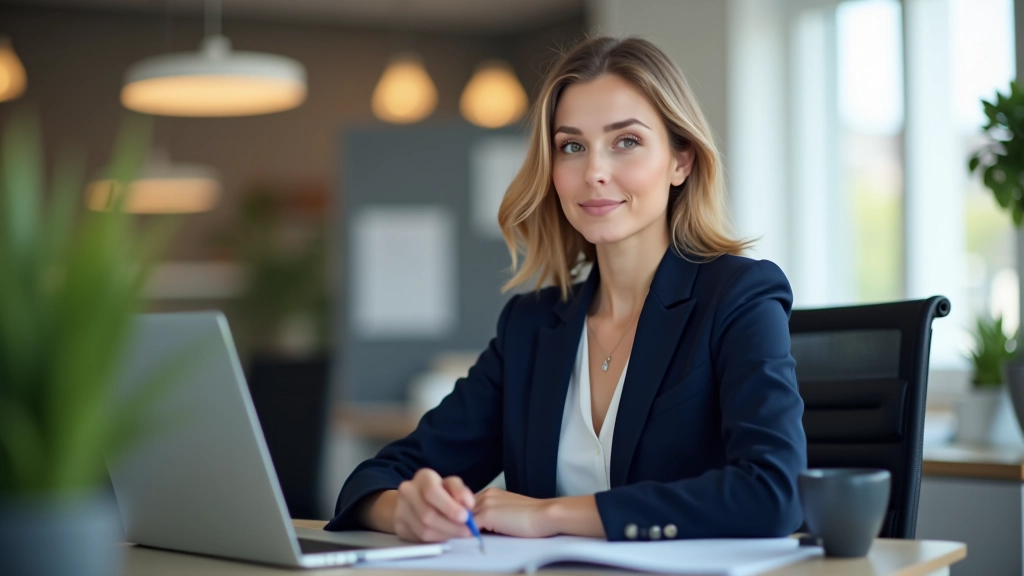 Professionele vrouw in blazer zit rechtop aan bureau, goed houding, zelfverzekerde uitdrukking, natuurlijk licht