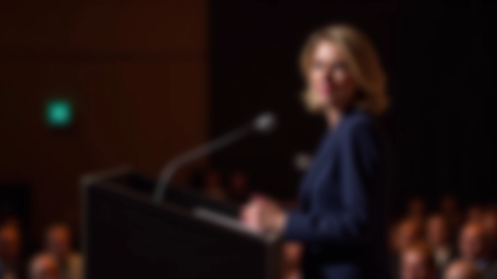 Spreker op klein podium, publiek zit en luistert aandachtig, warme verlichting, professionele setting