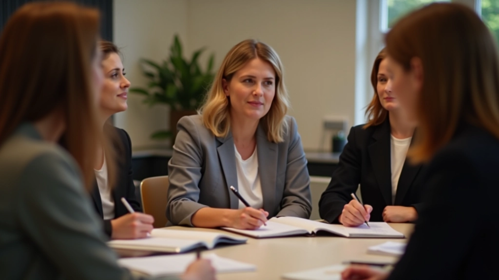 Vrouwen in groep op workshop, notitieblokken en pennen op tafel, geconcentreerde aandacht